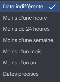 Menu de filtre temporel de Google, déroulé : Date indifférente est cochée, suivie de Moins d'une heure, Moins de 24 heures, Moins d'une semaine, Moins d'un mois, Moins d'un an et Dates précises.
