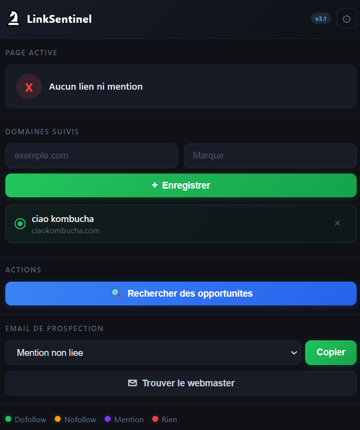 Panneau de LinkSentinel : la page active est signalée « Aucun lien ni mention », le domaine suivi ciao kombucha / ciaokombucha.com est enregistré, sous un bouton Rechercher des opportunités, un sélecteur de modèle d'email et la légende des pastilles dofollow, nofollow, mention et rien.